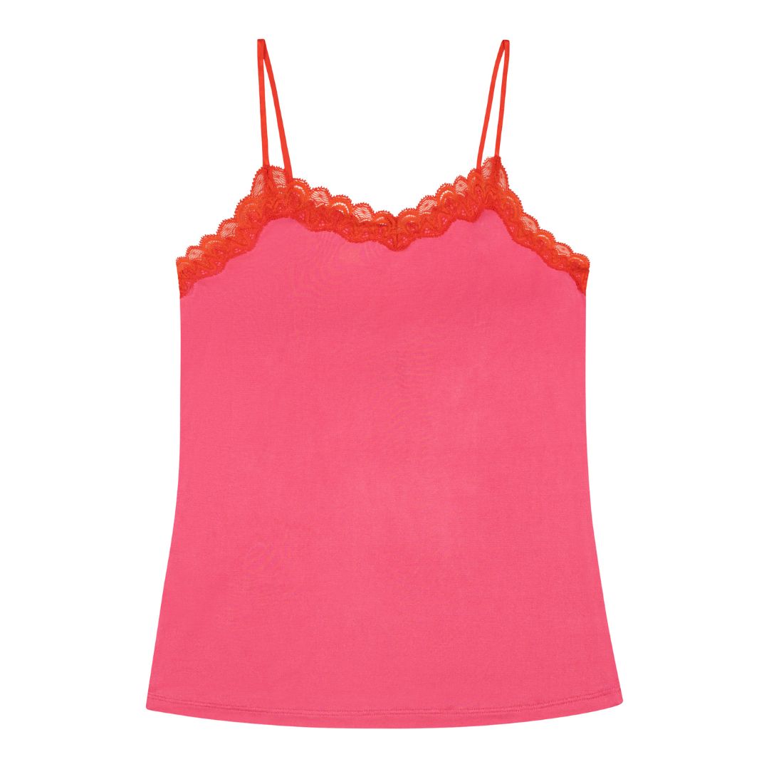 Soft Silk Camelia Rose Camisole with Contrasting Fiery Red Lace on a white background.