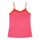 Soft Silk Camelia Rose Camisole with Contrasting Fiery Red Lace on a white background.
