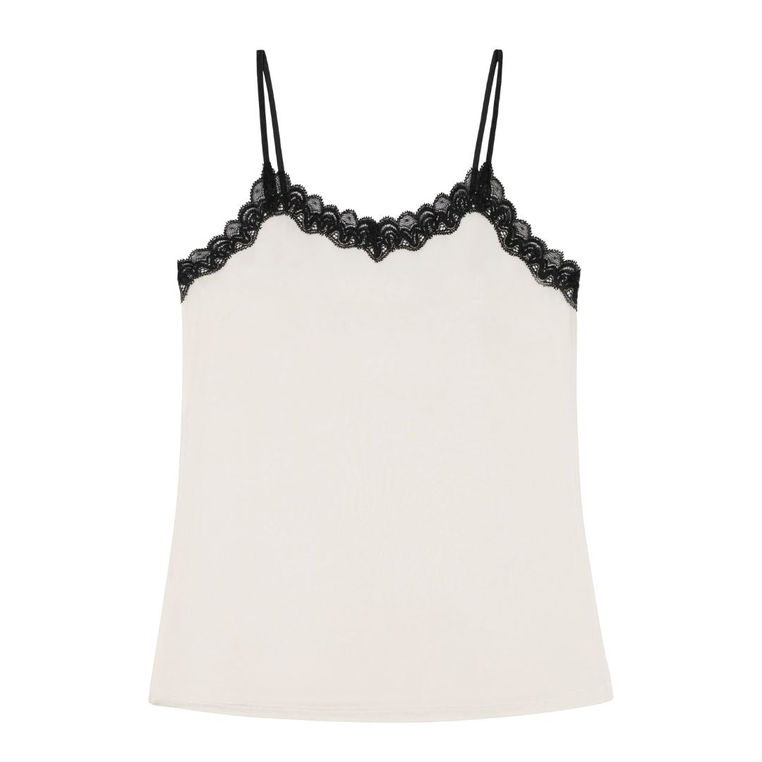 Soft Silk Winter White Camisole with Contrasting Tap Shoe Black Lace on a white background.