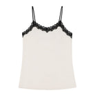 Soft Silk Winter White Camisole with Contrasting Tap Shoe Black Lace on a white background.