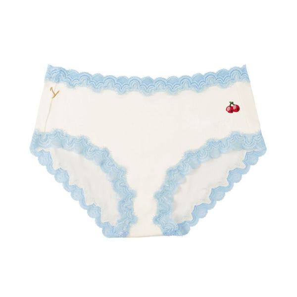 Uwila Warrior Soft Silk Brief in Winter White with Sky Blue Lace with Cherry embroidered patch on white background.