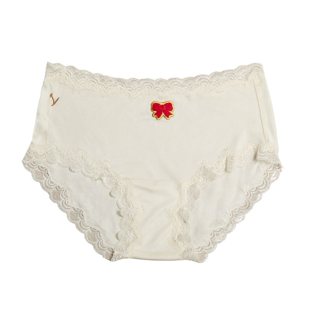 White lace underwear with a red bow on a white background