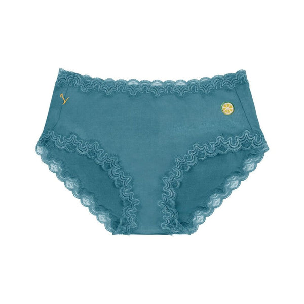 Uwila Warrior Soft Silk Briefs in Storm Blue with Lime patch on white background.