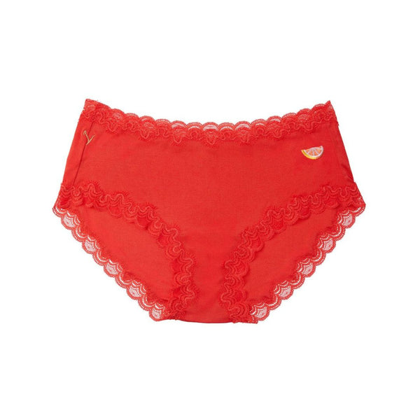 Uwila Warrior Soft Silk FIery Red Briefs with Orange Embroidered Patch on white background.