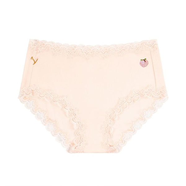 Flay Lay of Uwila Warrior Soft Silk Rose Quartz Briefs with Peach Embroidered Patch