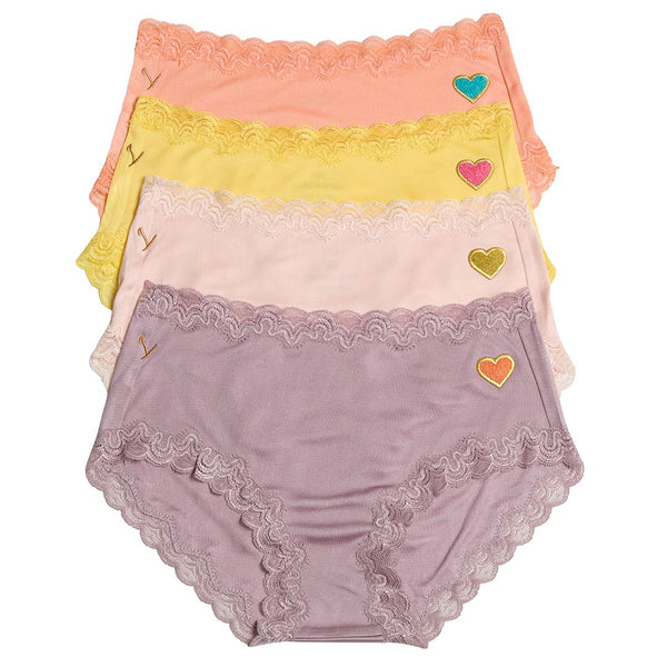 Soft Silk Brief Bundle with Hearts in Papaya Punch, Lemon Zest, Rose Quartz, and Alloy. 