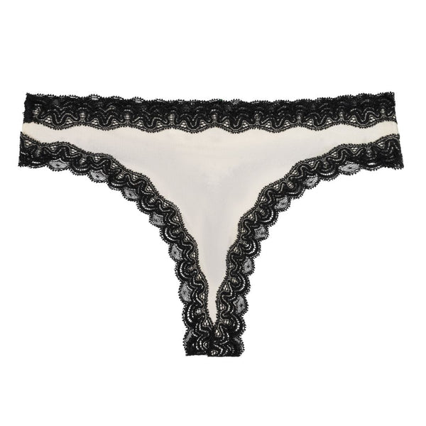 Soft Silk Winter White Thong with contrasting Tap Shoe Black Lace on a white background. 