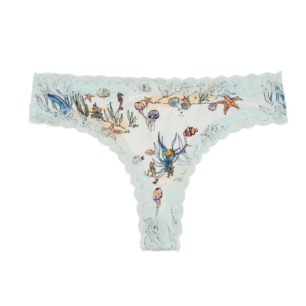 Flat Lay of Sea Print Soft Silk Thong on a white background. 