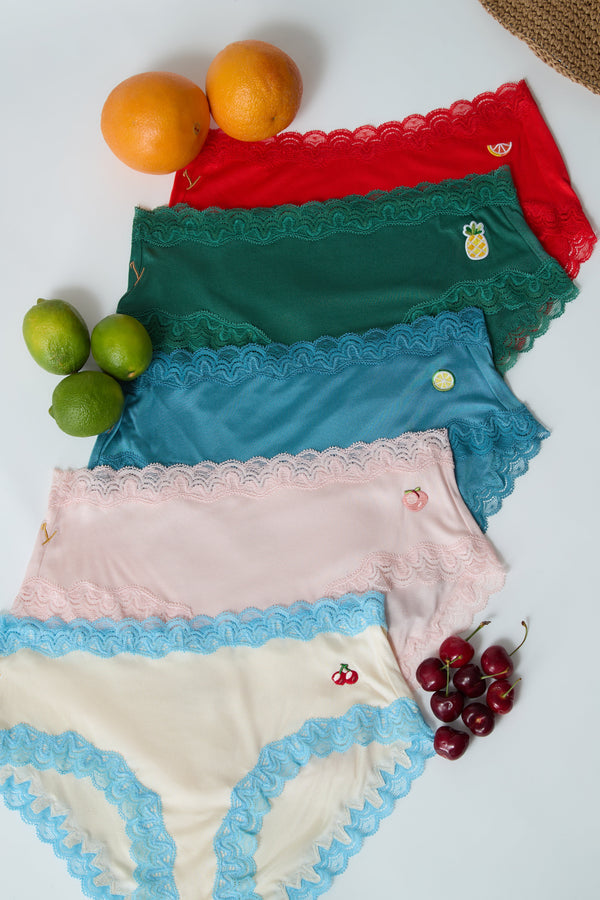 Soft Silk Briefs Bundle with embroidered fruit patches. 