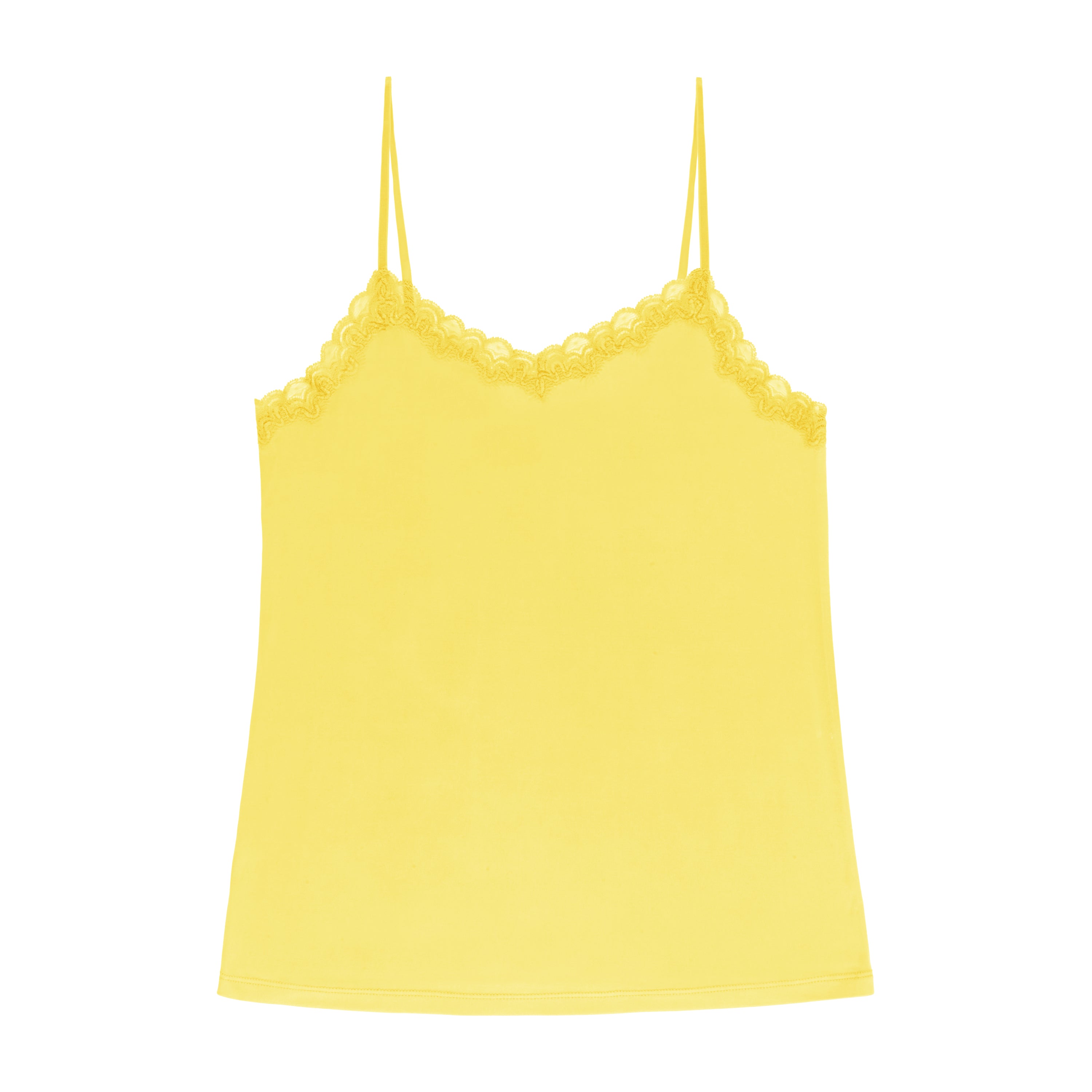 Still life of Uwila Warrior Soft Silks Camisole in Lemon Zest on White Background