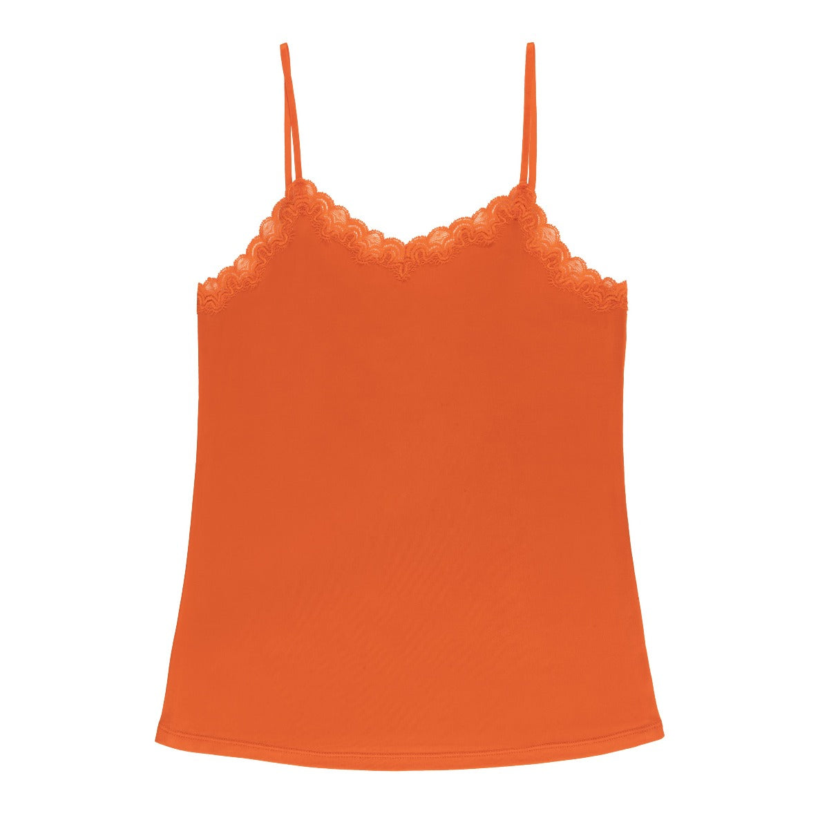 Still life of Uwila Warrior Soft Silks Camisole in Spicy Orange on White Background