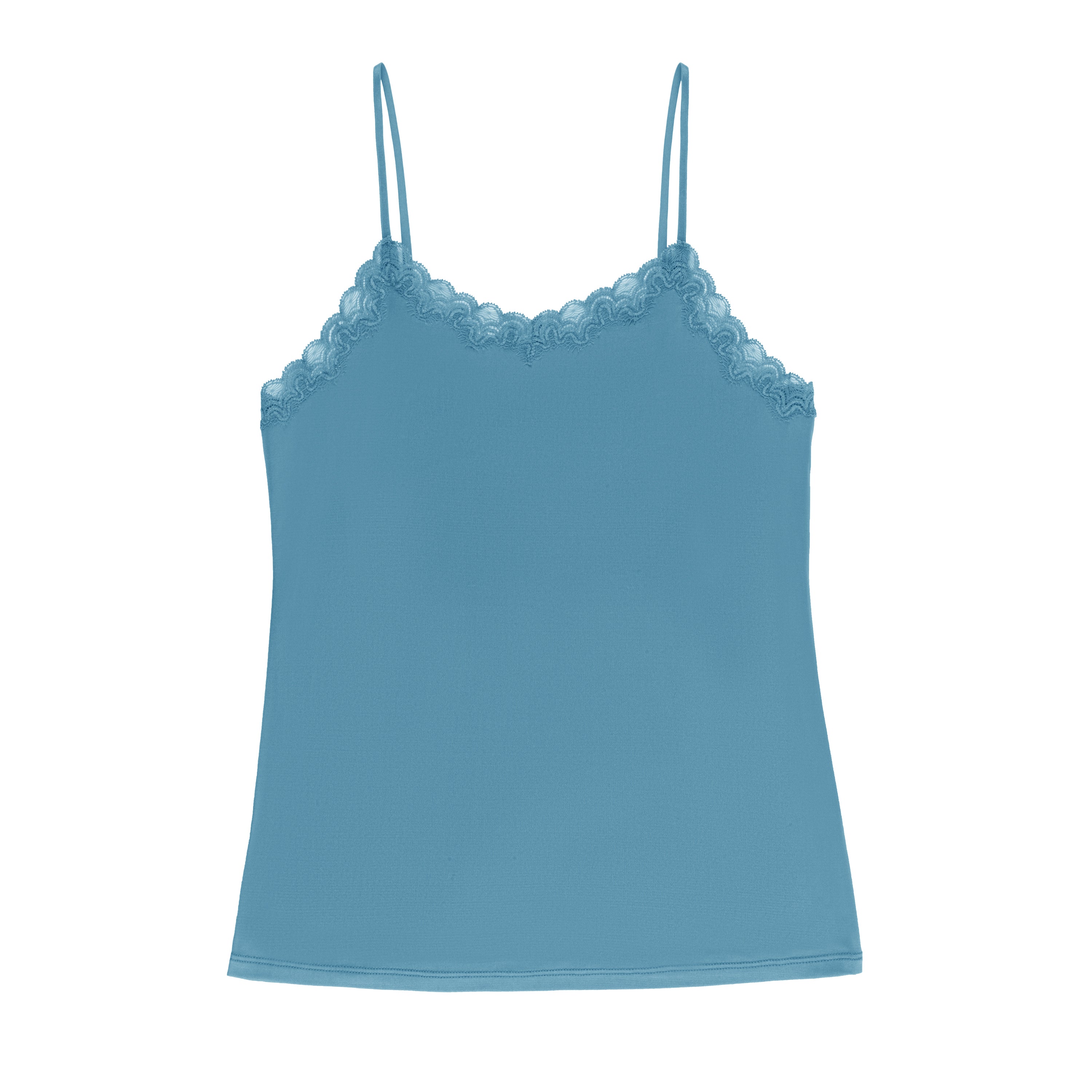 Still life of Uwila Warrior Soft Silks Camisole in Storm Blue on White Background