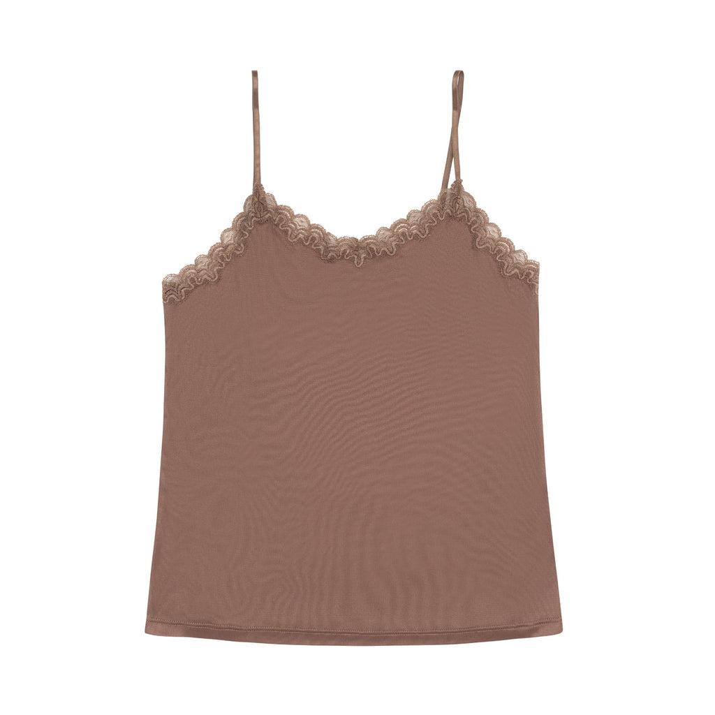 Still life of Uwila Warrior Soft Silks Camisole in Toffee on White Background