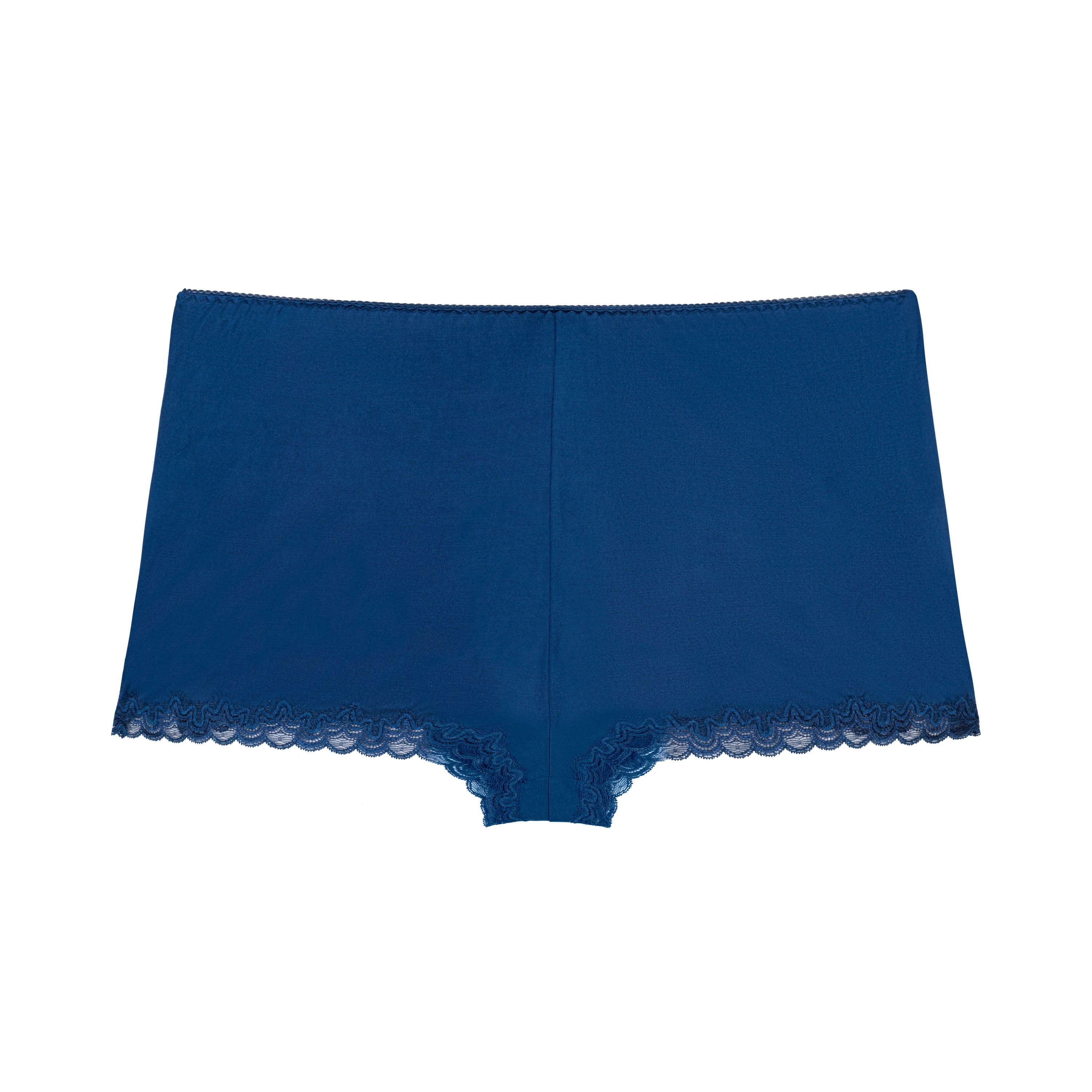 Still life of Uwila Warrior Soft Silk Sleep Shorts  in Estate Blue on White Background