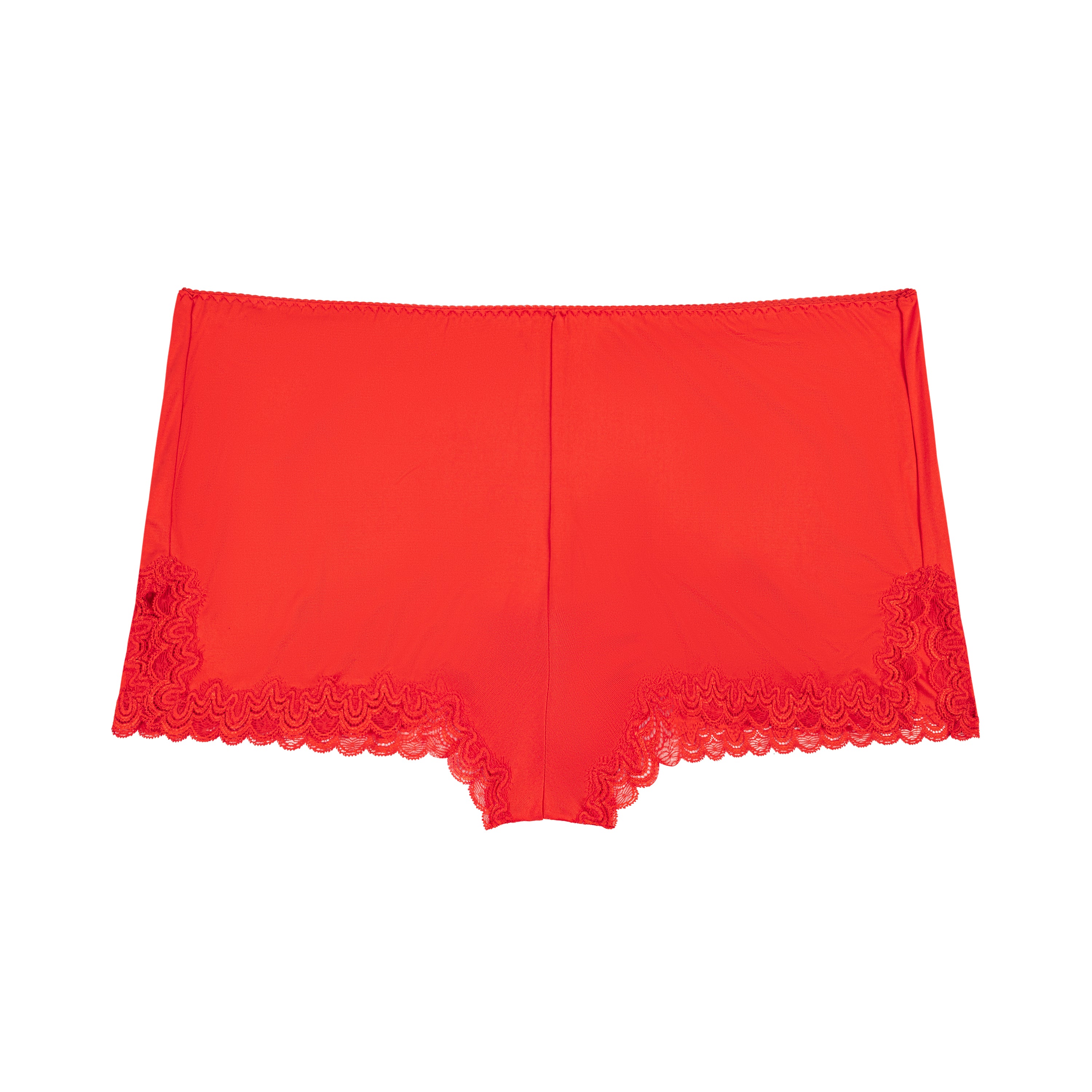 Still life of Uwila Warrior Soft Silk Sleep Shorts  in Fiery Red on White Background
