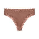  Still life of Uwila Warrior Soft Silks Thong Underwear in Toffee on White Background