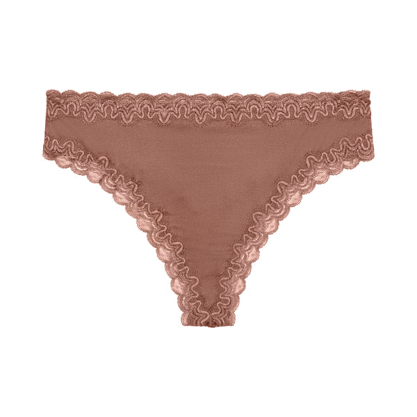  Still life of Uwila Warrior Soft Silks Thong Underwear in Toffee on White Background