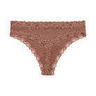 Still life of Uwila Warrior Soft Silks Thong Underwear in Toffee on White Background