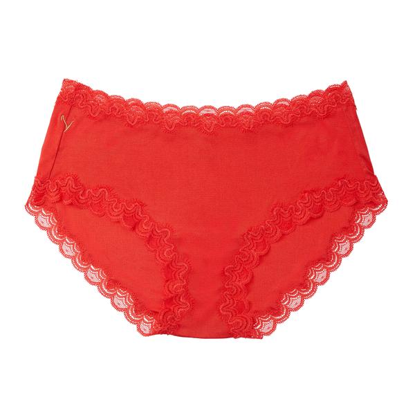 Still life of Uwila Warrior Soft Silks Briefs Underwear in Fiery Red on White Background 