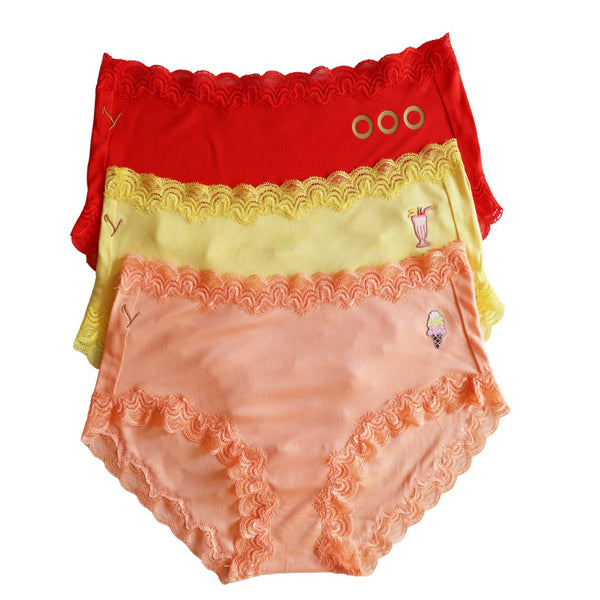 Three pairs of soft silk briefs with lace trim on a white background