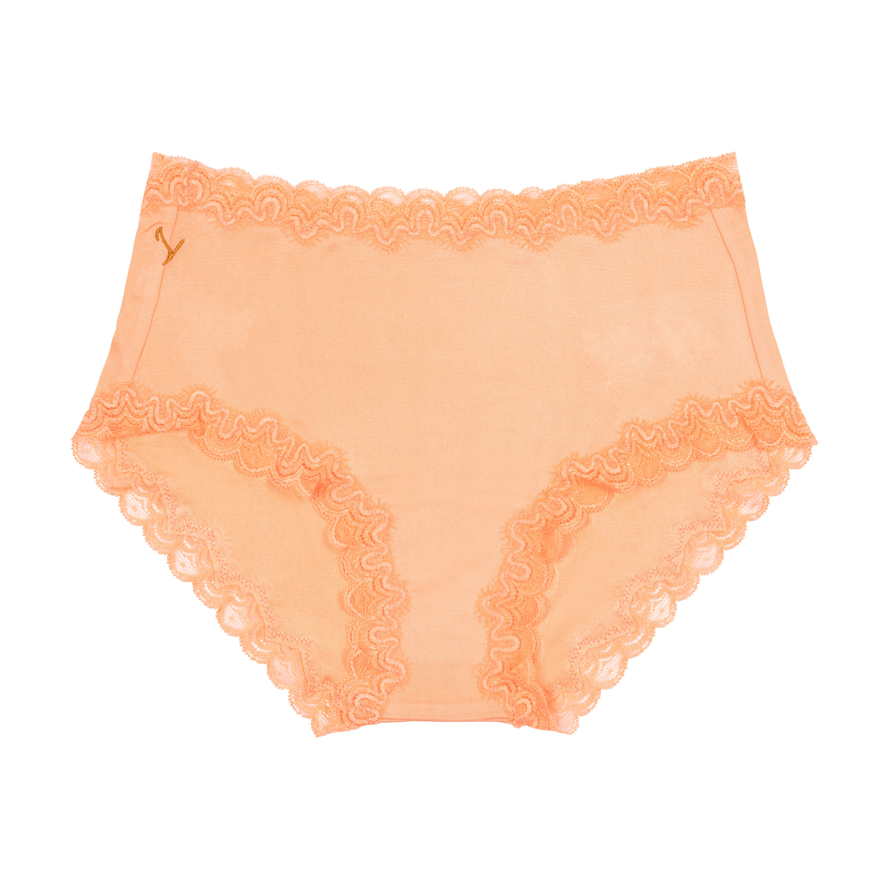 Still life of Uwila Warrior Soft Silks Briefs Underwear in Papaya Punch on White Background