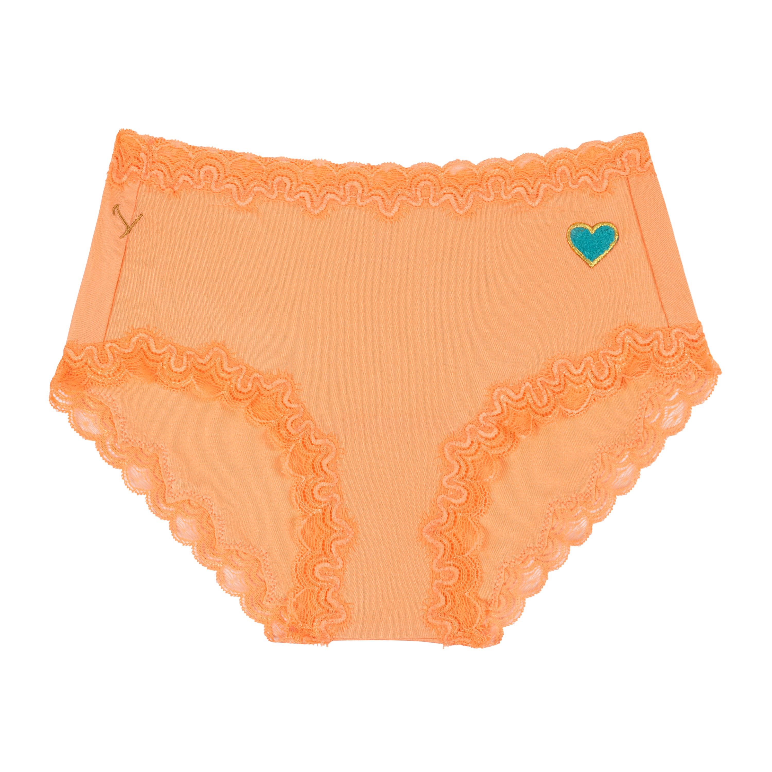 Papaya Punch Soft Silk Brief with a heart design on a white background