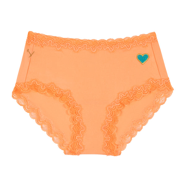 Papaya Punch Soft Silk Brief with a heart design on a white background