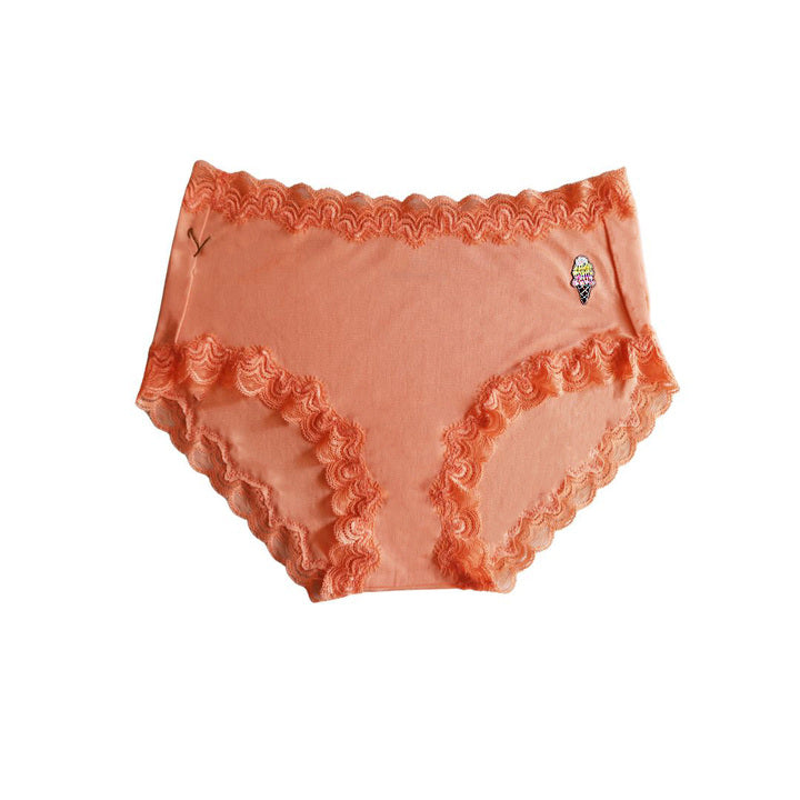 Peach-colored lace-trimmed underwear on a white background