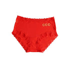 Red lace-trimmed underwear on a white background