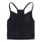 Tap Shoe Black bralette with thin straps and a ribbed texture on white background.