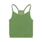 Kale bralette with thin straps and a ribbed texture on white background.