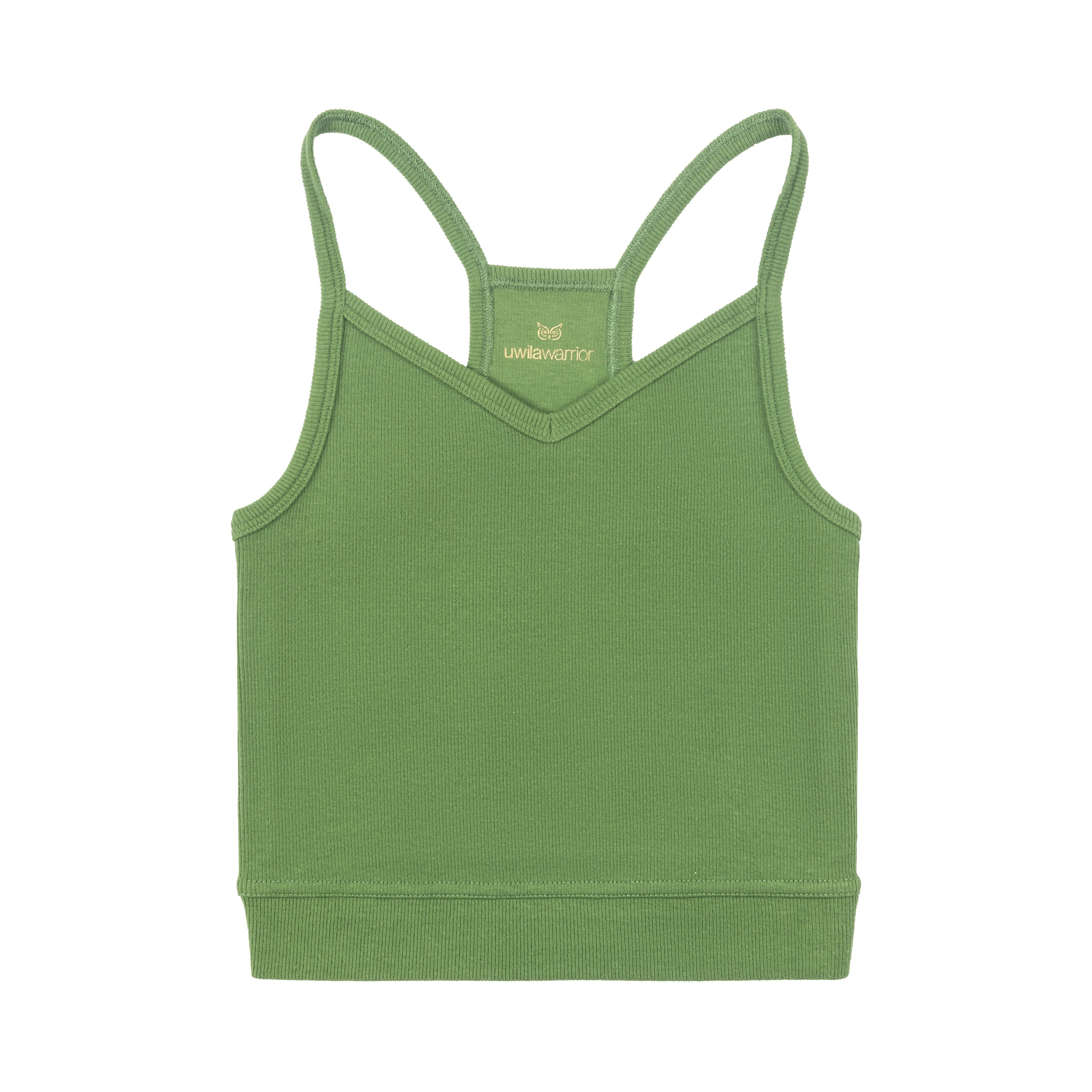 Kale bralette with thin straps and a ribbed texture on white background.