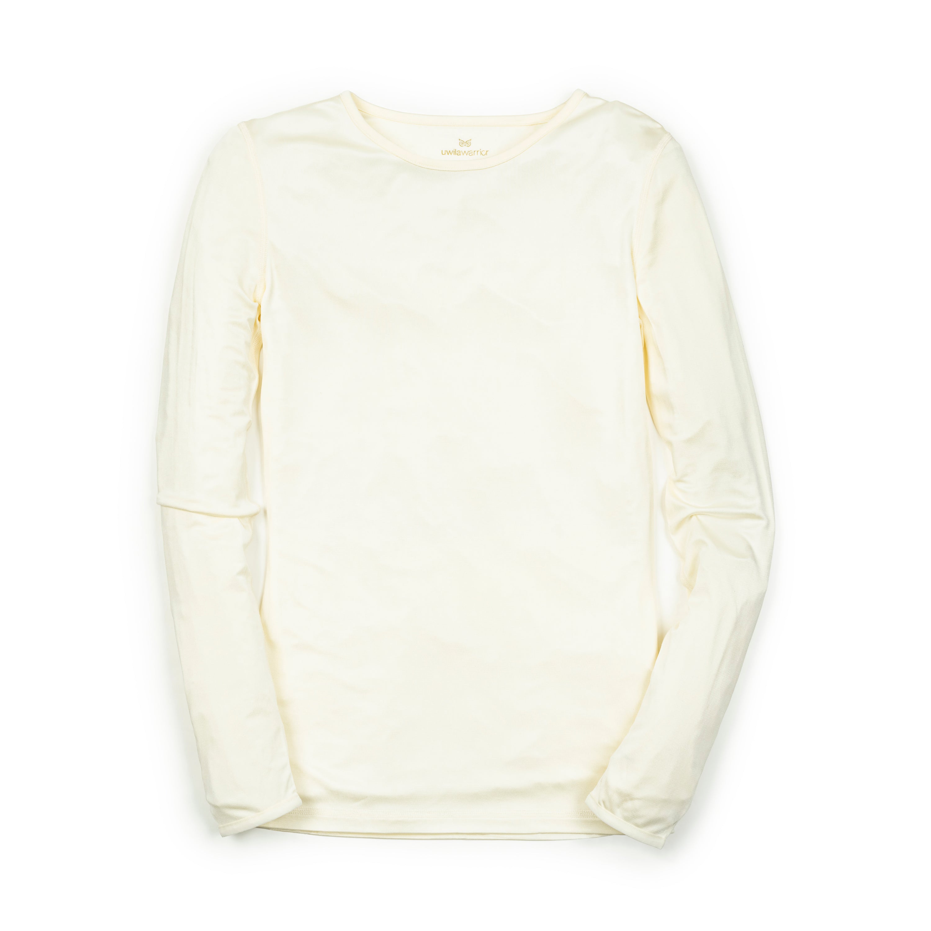 A long-sleeve Cream base layer T-shirt by Uwila Warrior, shown in against a white background.