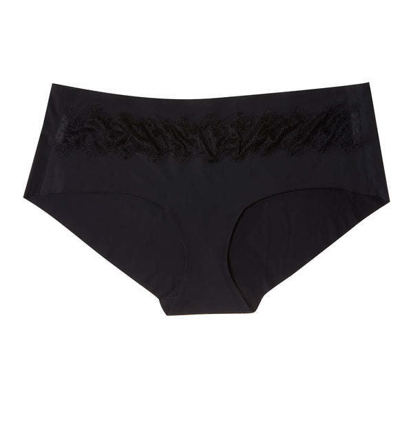 Tap Shoe Black soft seamless briefs with lace on white background.