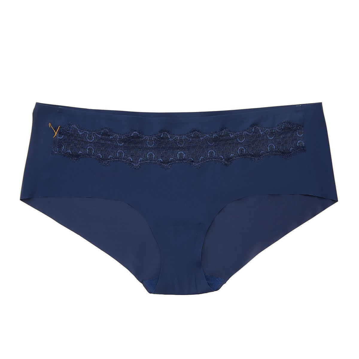 A pair of dress blue soft seamless briefs with lace detailing white background.