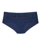 A pair of dress blue soft seamless briefs with lace detailing white background.