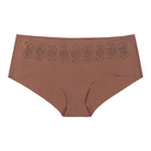 A pair of toffee soft seamless briefs with lace detailing white background.