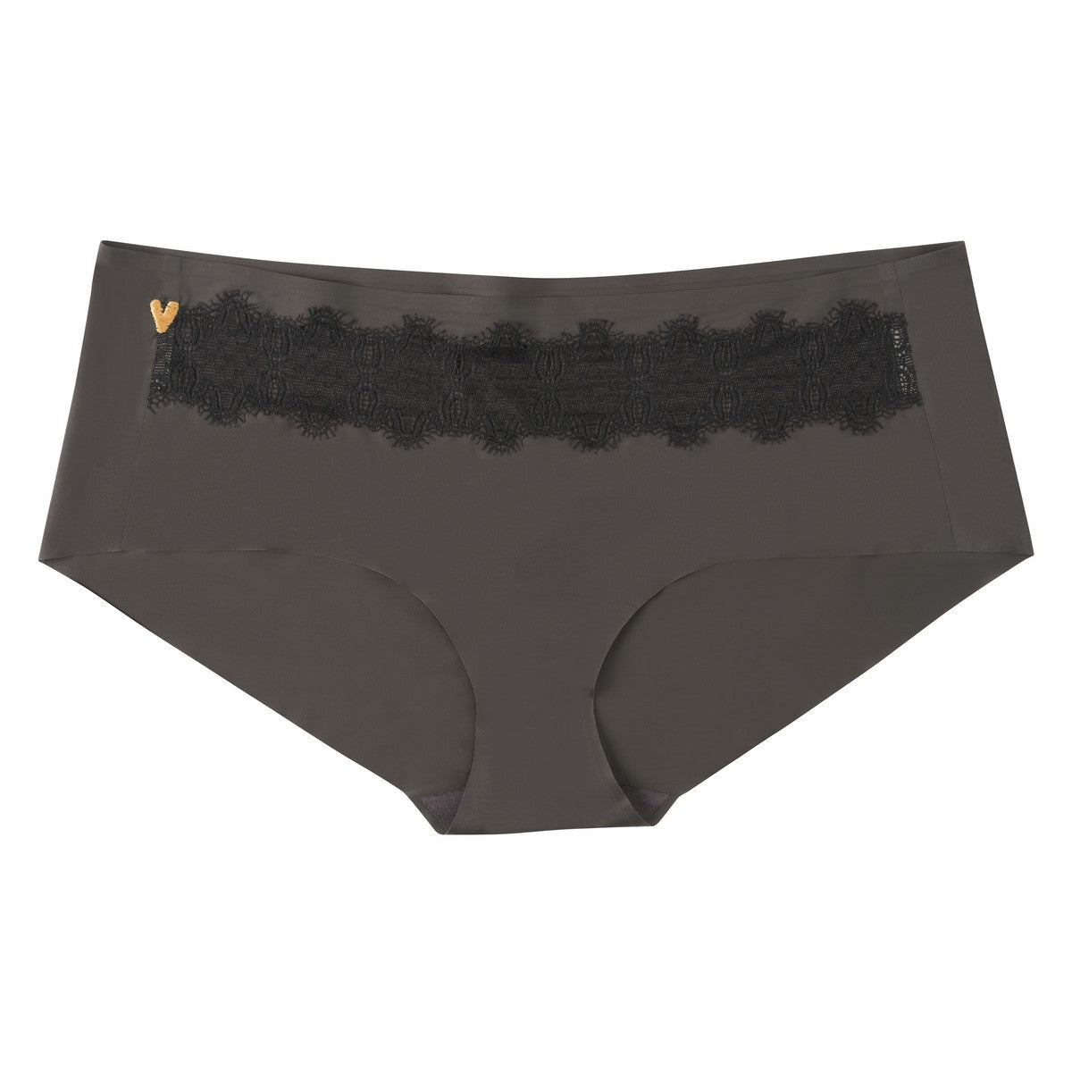 A pair of shale oft seamless briefs with lace detailing white background.