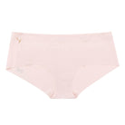 A pair of rose quartz soft seamless briefs with lace detailing on white background.