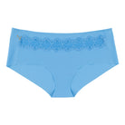 A pair of boy blue soft seamless briefs with lace detailing white background.