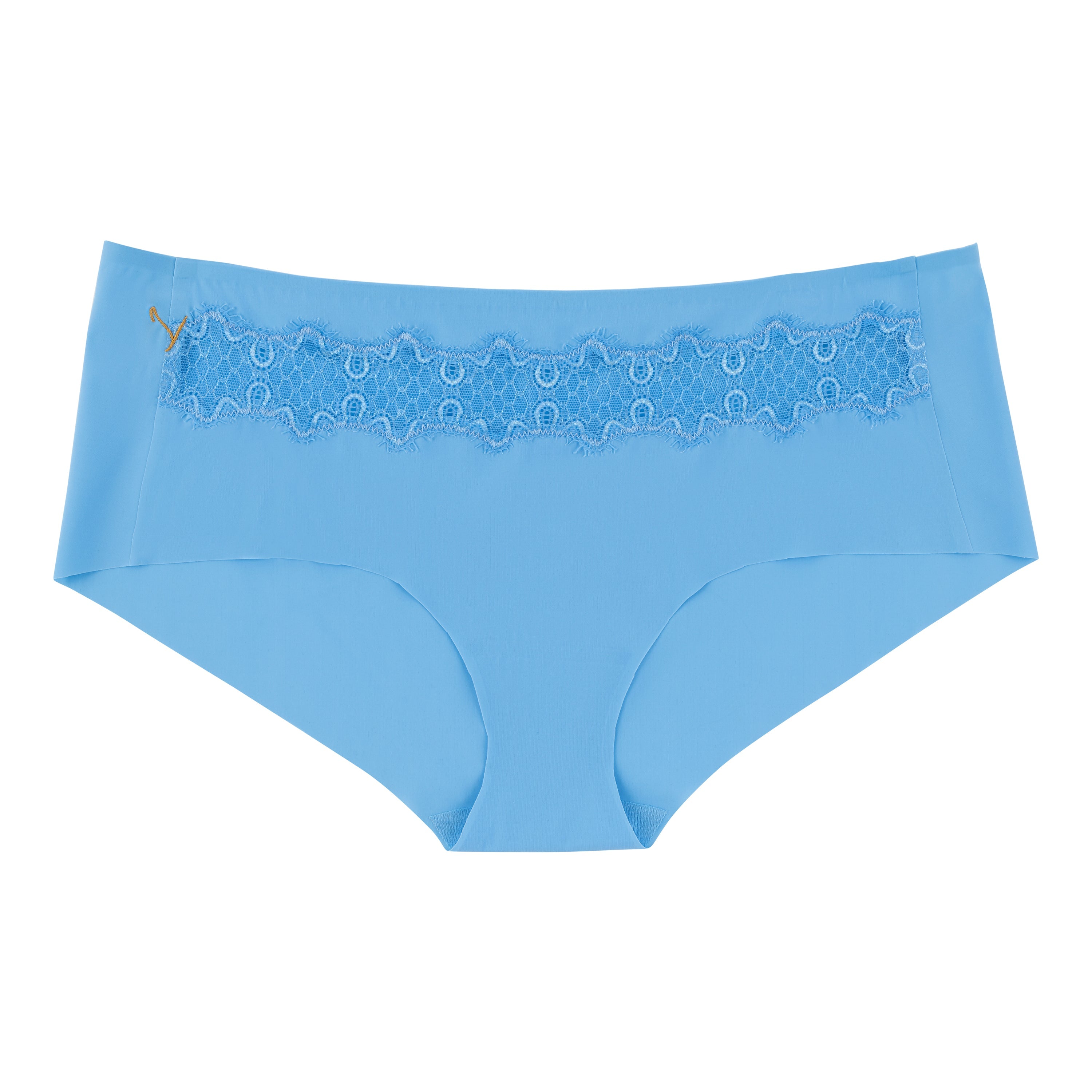 A pair of boy blue soft seamless briefs with lace detailing white background.