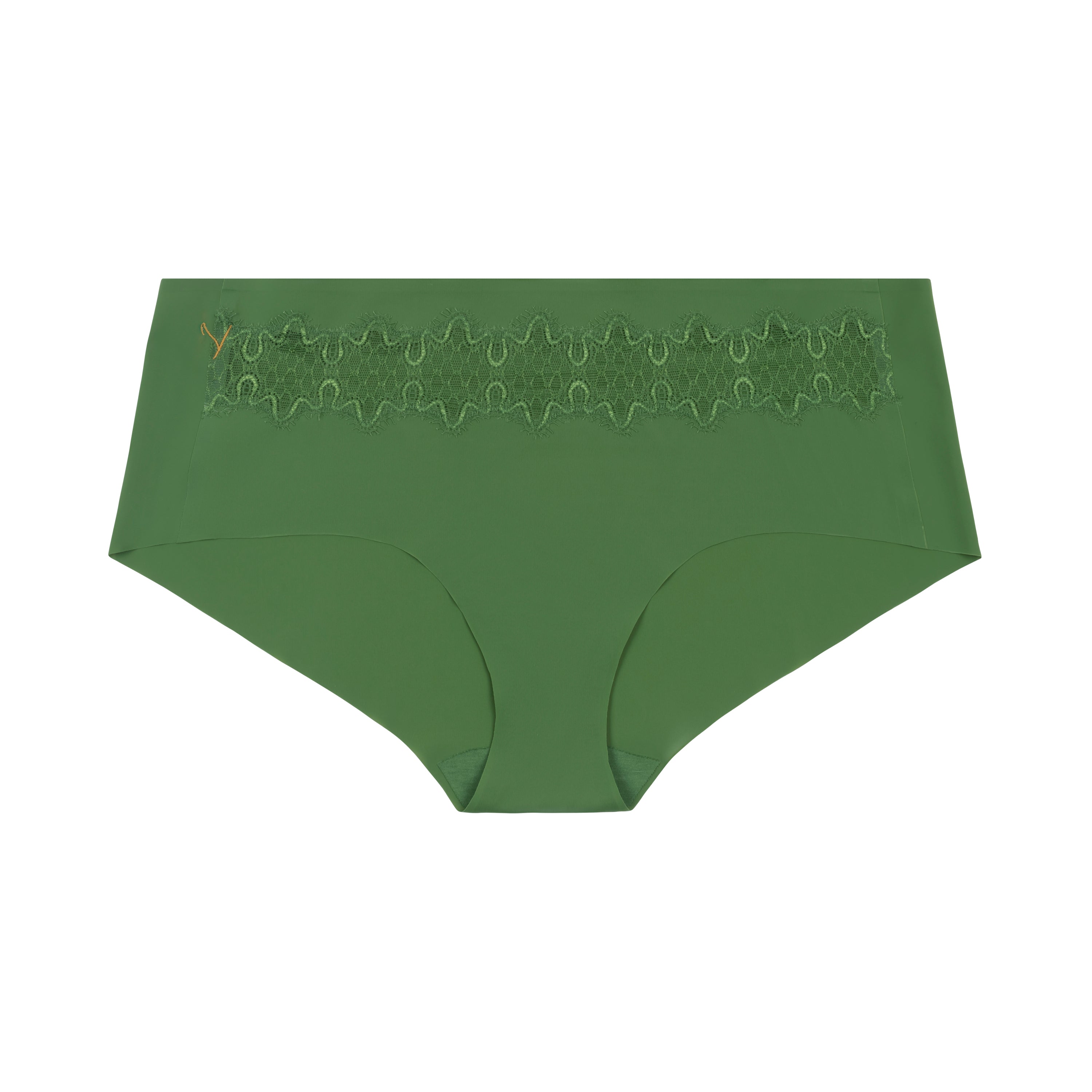 A pair of kale soft seamless briefs with lace detailing white background.