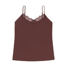 A chocolate soft seamless  lace-trimmed camisole against a white background.