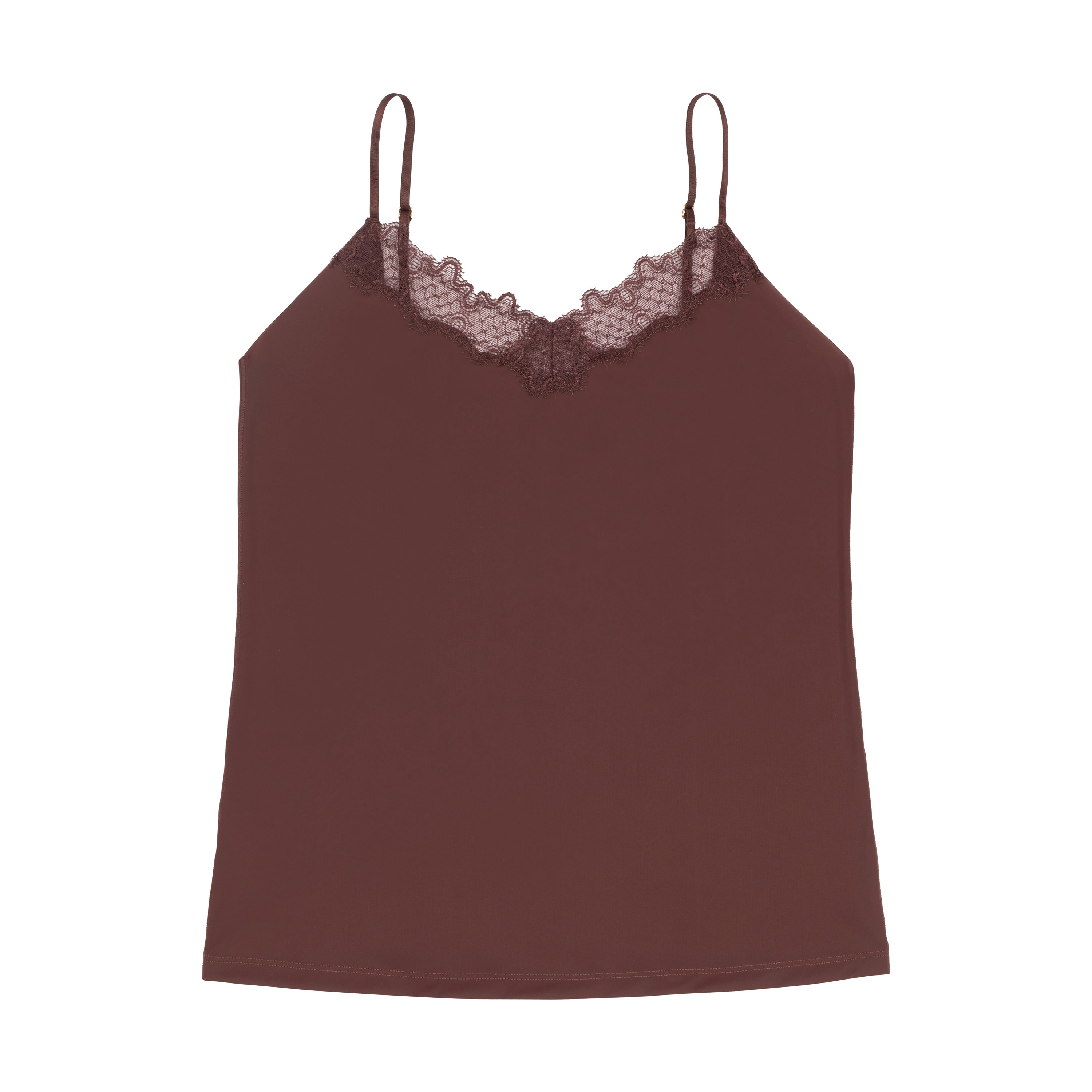 A chocolate soft seamless  lace-trimmed camisole against a white background.