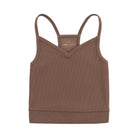 Toffee bralette with thin straps and a ribbed texture on white backround.