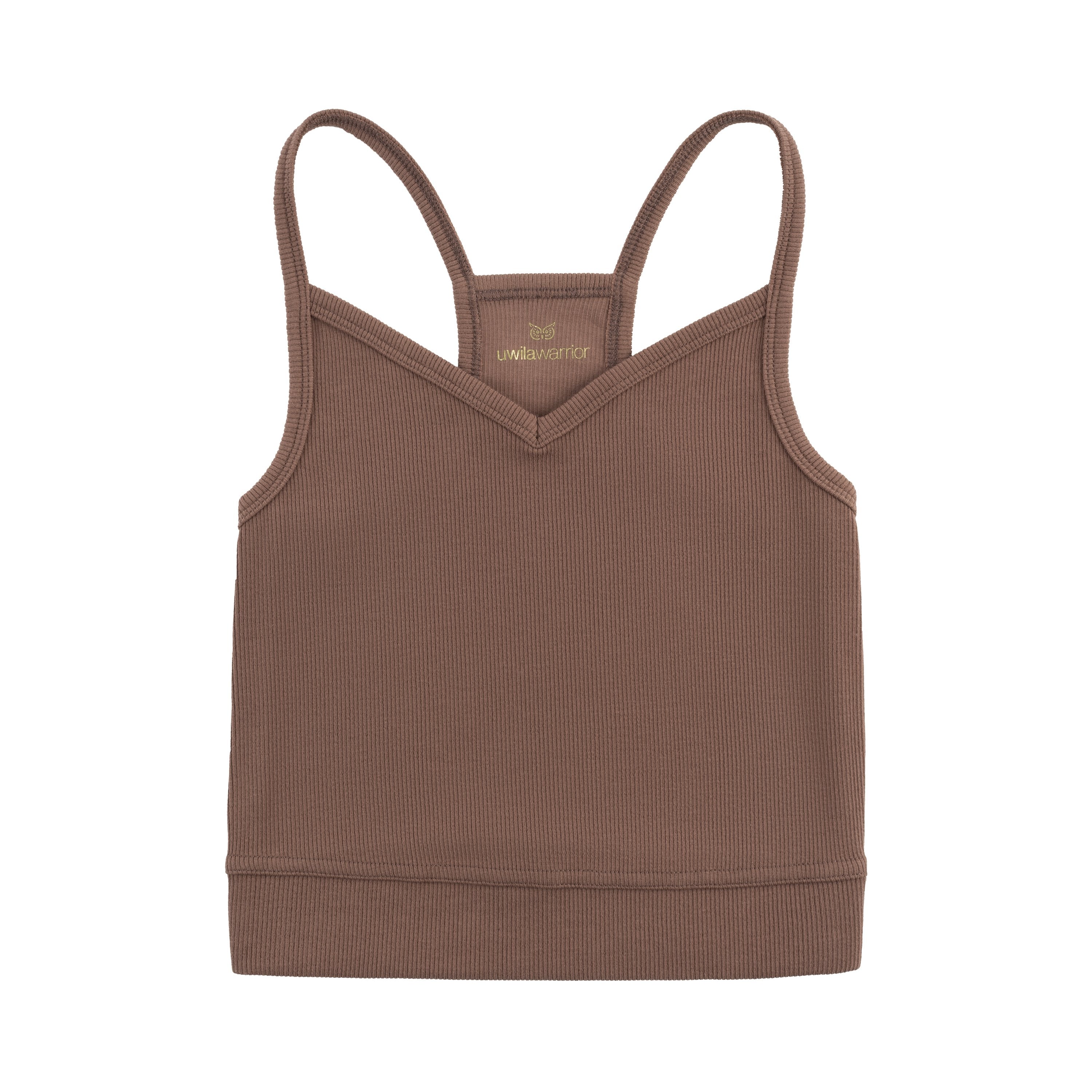 Toffee bralette with thin straps and a ribbed texture on white backround.