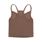 Toffee bralette with thin straps and a ribbed texture on white backround.