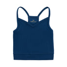 Estate Blue bralette with thin straps and a ribbed texture on white background.