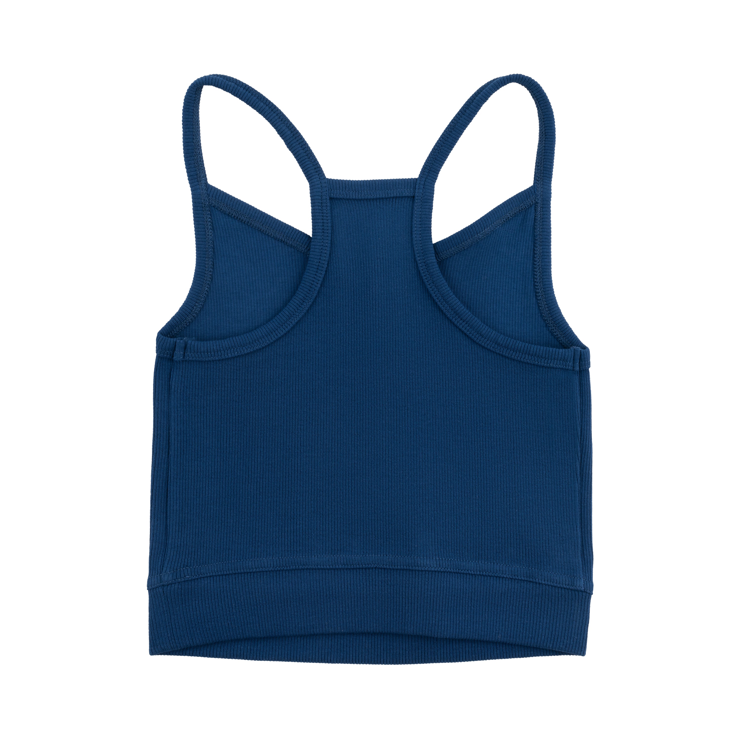 Estate blue bralette with thin straps and a ribbed texture on white background.