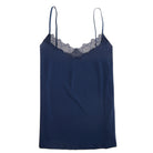 Dress blue soft seamless lace-trimmed camisole against white background.
